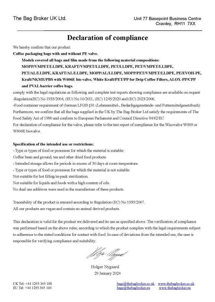 Declaration of Compliance | The Bag Broker Europe